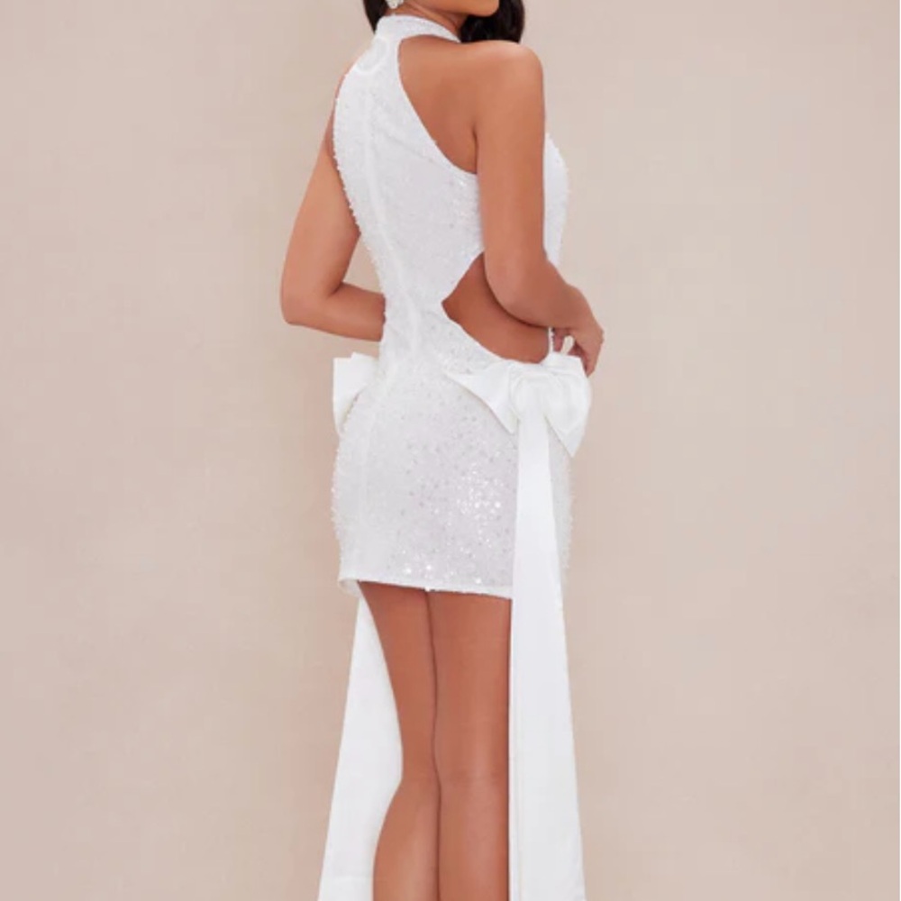 Elegant White Sequin Cut-Out with White Bow Dress - Picture 3 of 4